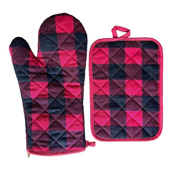 Lumberjack Red Black Plaid Pattern Oven Mitt& Pot Holder Christmas Cabin Kitchen - Picture 1 of 7